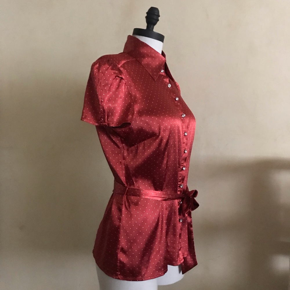 Red Satin Button-Up Blouse - Picture 2 of 9